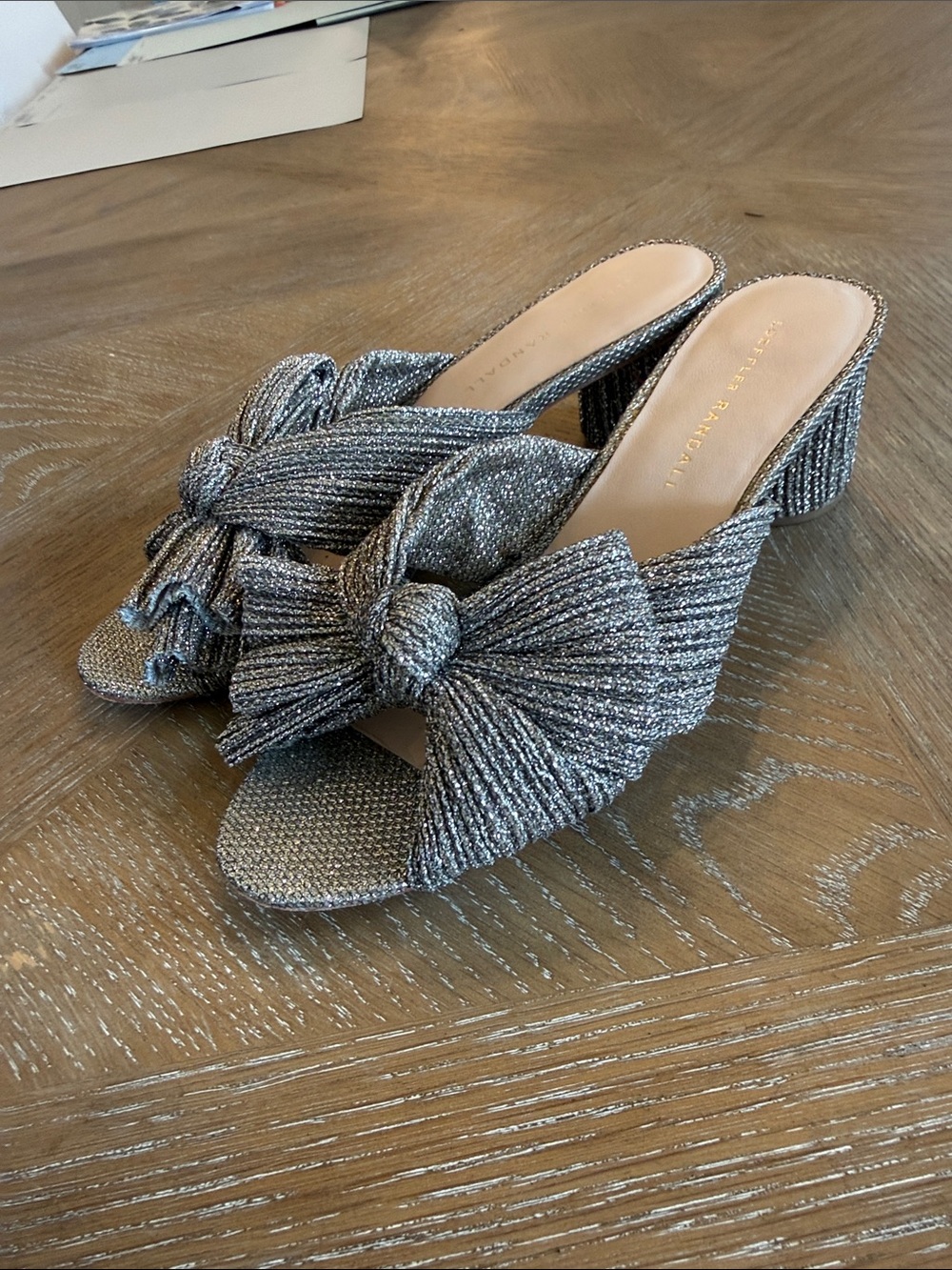 Loeffler Randall Silver Knotted Bow Block Heel Mules